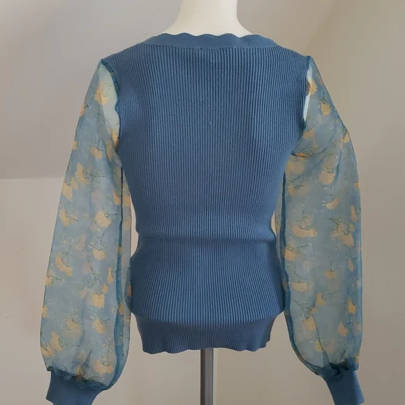SIONI blu knit with Sheer floral Long Sleeves Sweater Top Cornflower blue Size S - Picture 5 of 16